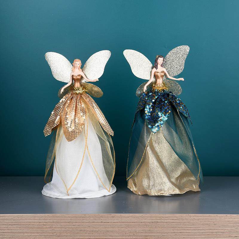 圣诞节装饰树脂孔雀蓝金色天使树顶星蝴蝶花仙子桌面摆件道具美陈