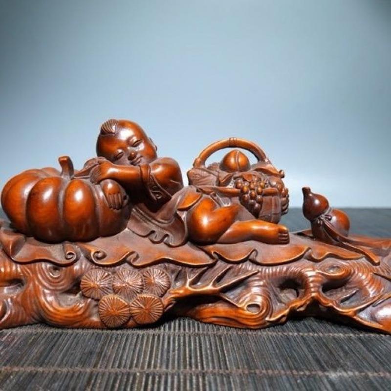 旧藏小叶黄杨木雕刻大丰收硕果累累复古文玩工艺品装饰品桌面摆件