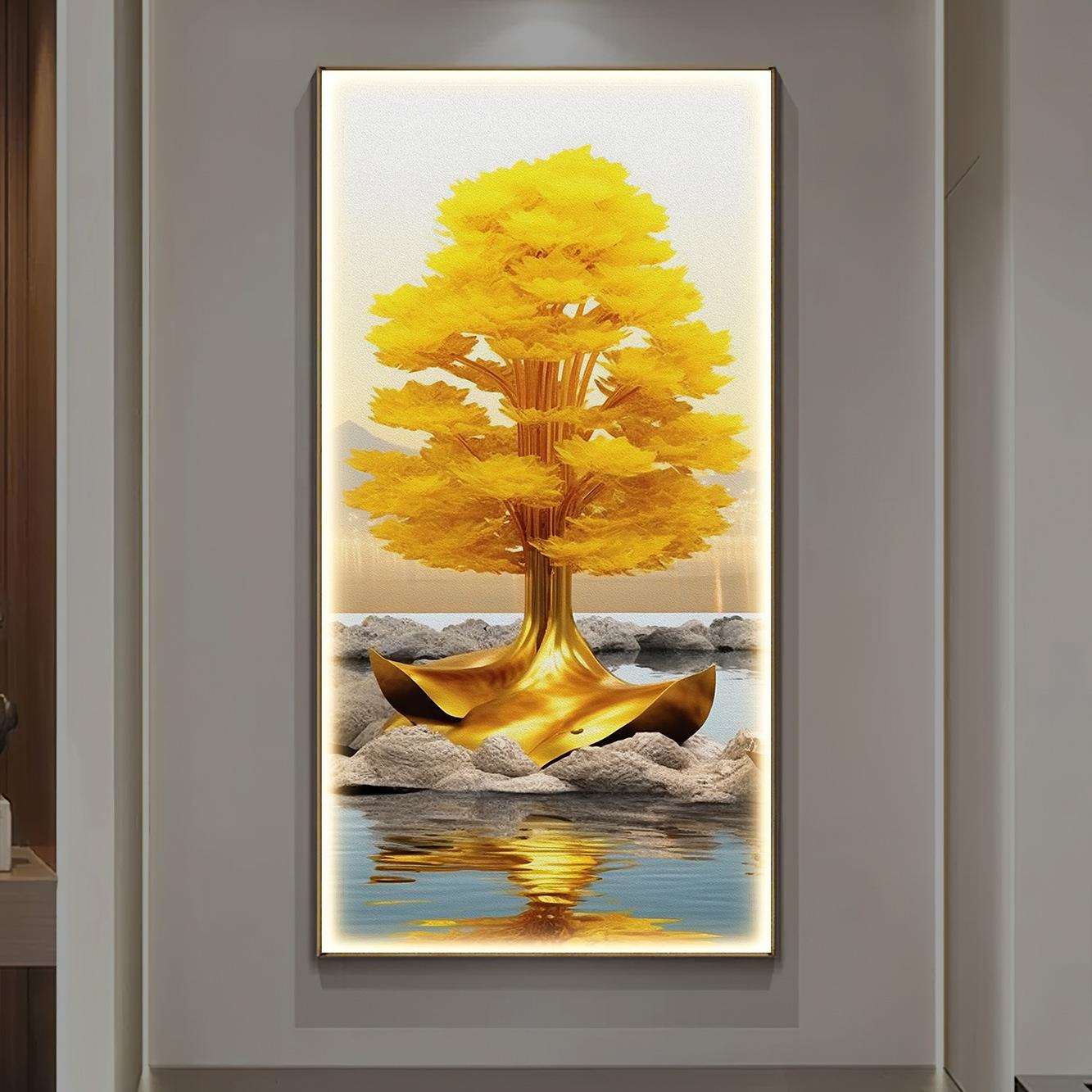招财进宝玄关装饰画发财树图客厅入户发光壁画轻奢走廊带灯挂画