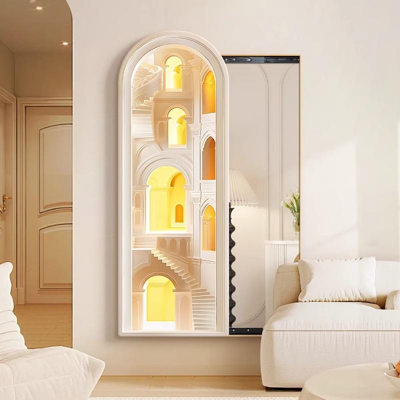 奶油风装饰画客厅暗藏式全身镜隐形玄关推拉镜子隐藏式穿衣镜挂画