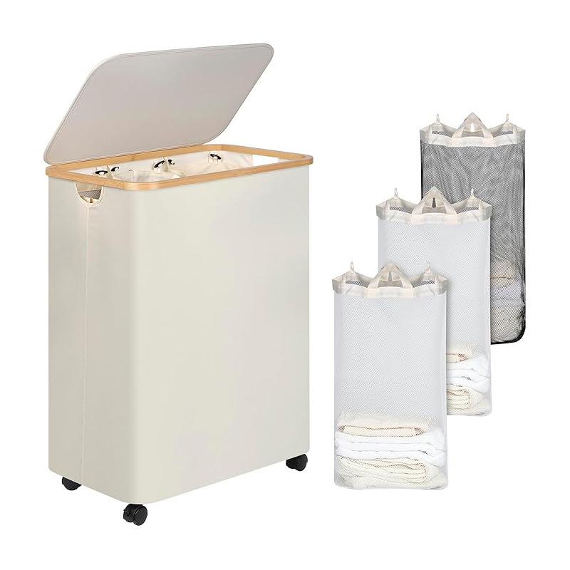 跨境家用脏衣篮带轮子可折叠楠竹框架收纳筐脏衣篓大容量收纳设计