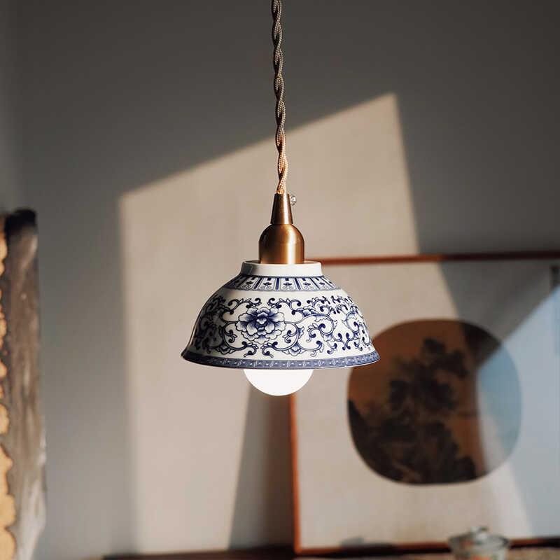 中式简约青花瓷吊灯 茶室餐厅客厅阳台吧台床头装饰陶瓷吊灯