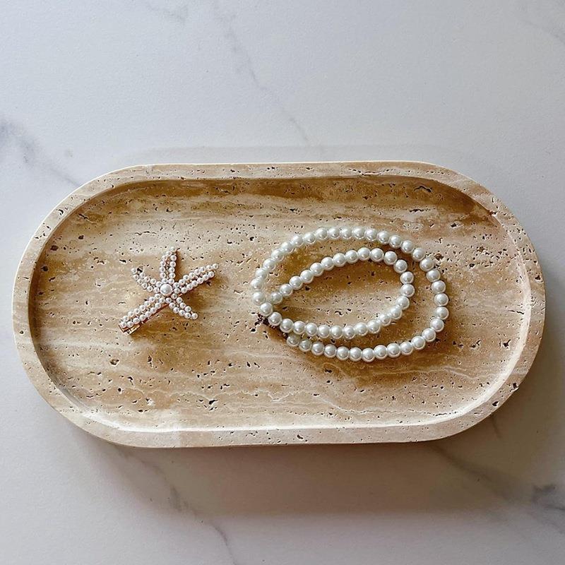 简约中古风洞石大理石轻奢极简托盘烛台置物盘摆件收纳装饰盘手工