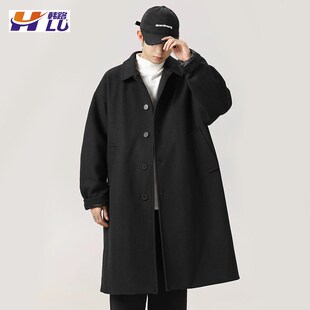 双面呢男士大衣男款过膝长款毛呢外套2024新款翻领纽扣英伦风男装