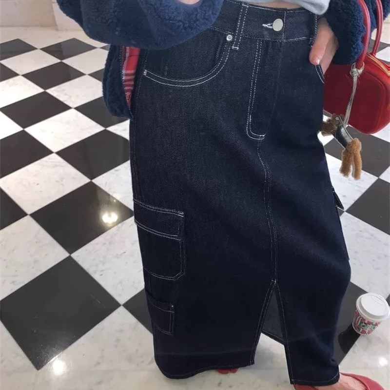 大码女装梨型身材胖妹妹mm复古做旧牛仔春秋宽松显瘦W开叉半身长