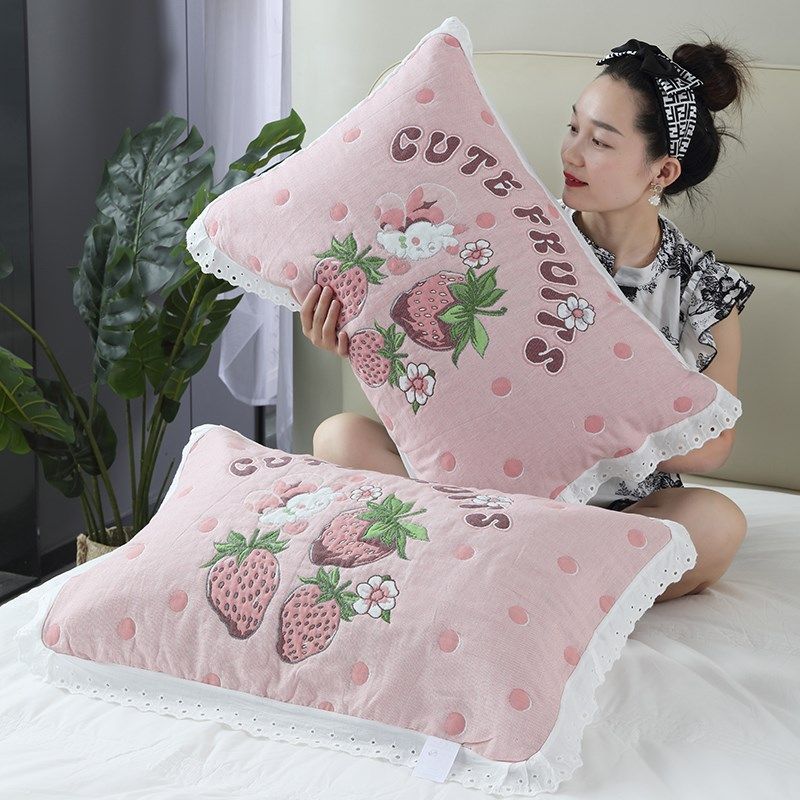 泡芙纯棉花边枕套1对装卡通可爱高档枕头套宿舍居家全棉枕芯套子,床上用品,枕套,淘宝优惠券,粉丝福利购,淘宝优惠卷