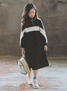 女童长版厚棉T裙2023春秋网红大姑娘洋派休闲撞色时尚保暖长裙过