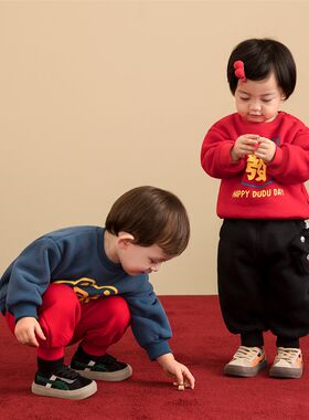 宝宝唐装卫衣男中国风过年服冬季婴儿红色喜庆拜年服小童新年装女