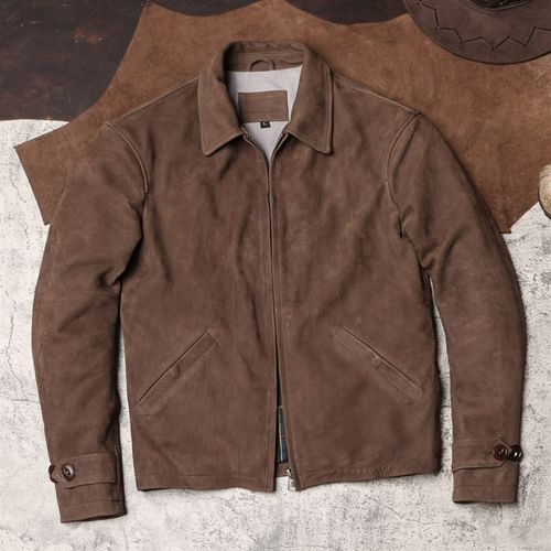 复古翻领头层油绒磨面牛皮夹克男士短款修身皮衣阿美咔叽真皮外套