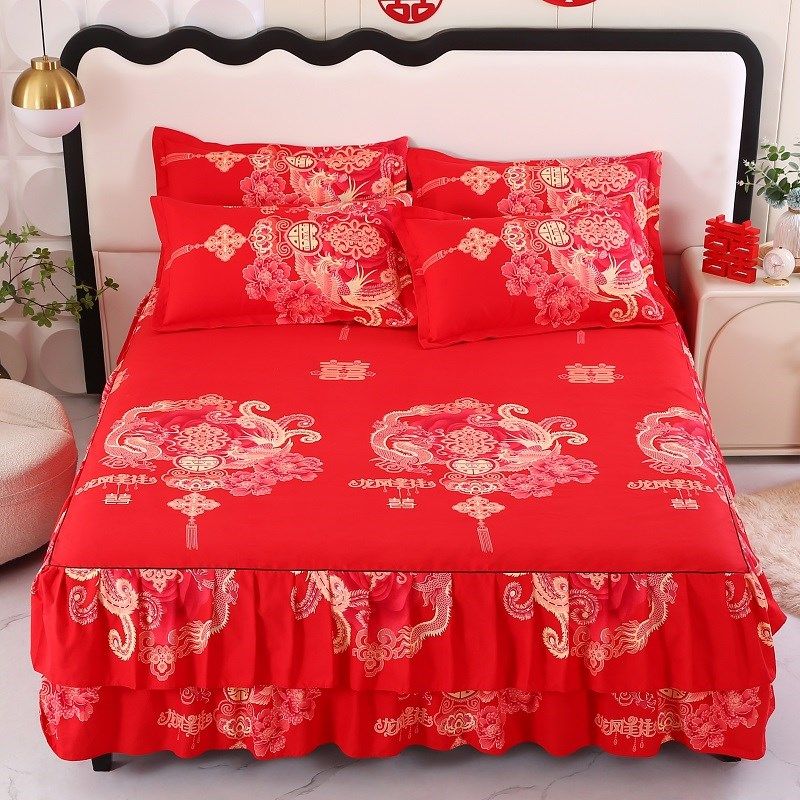 加厚全棉床裙单件纯棉床罩防滑床单1.5/1.8/2.0m床上用品婚庆枕套