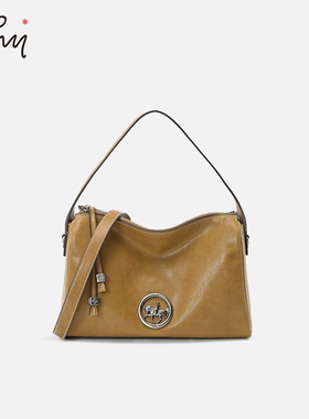 WHY女包百搭斜挎包踏花归去系列复古植鞣牛皮枕头包大容量单肩包