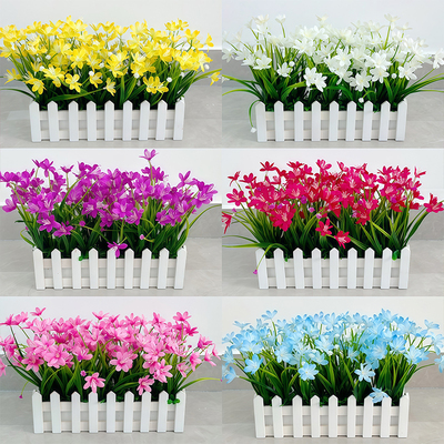 仿真绿植假盆栽春草兰花客厅窗台套装饰绢布假花白栅栏植物摆设件