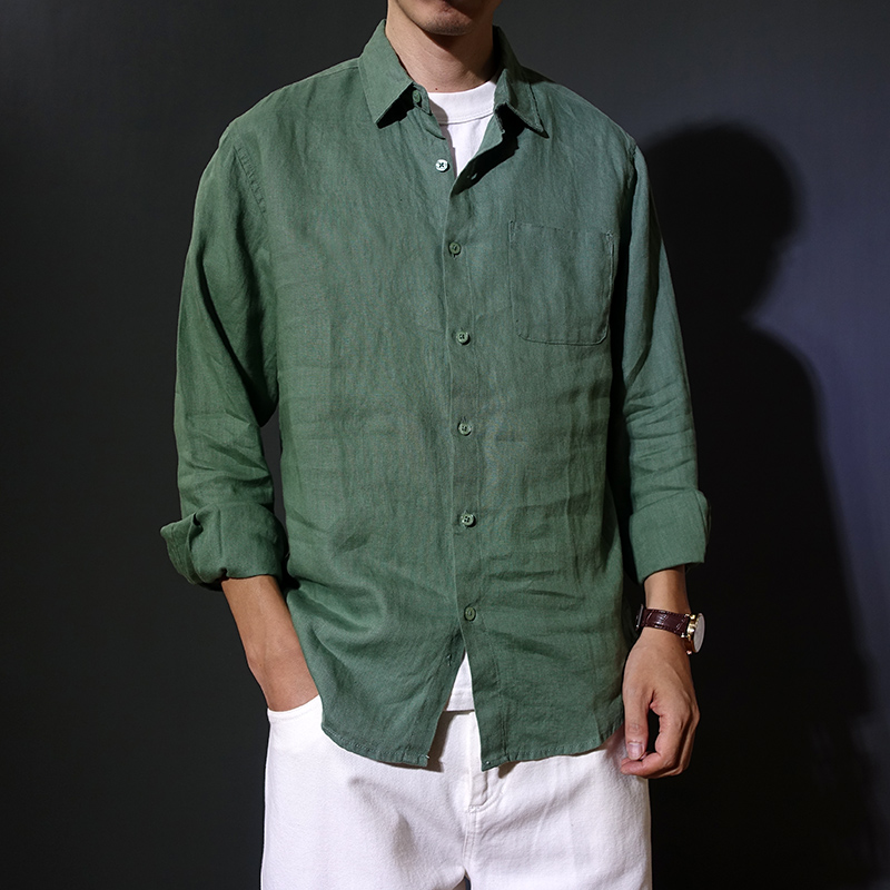 春秋薄款纯亚麻宽松男款长袖衬衫麻料休闲衬衣方领口袋潮流上衣