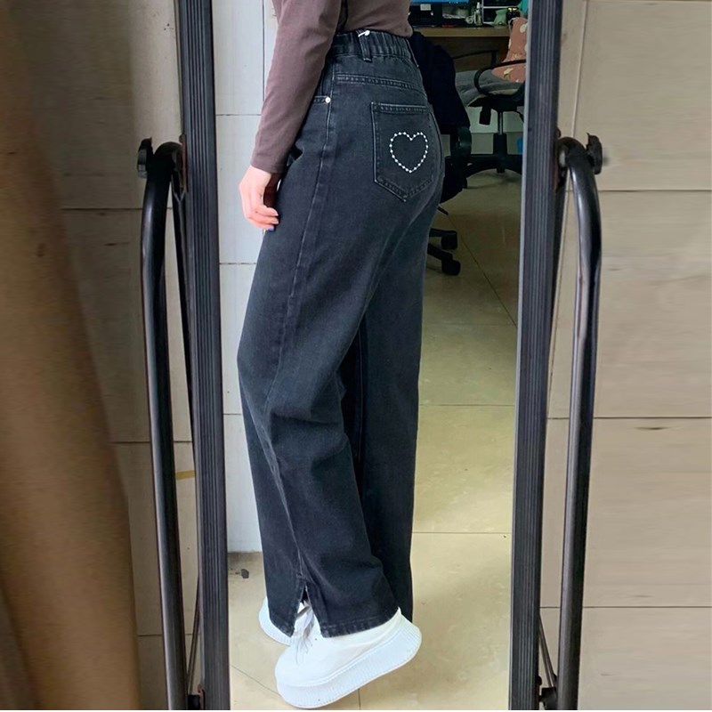 特大码300斤胖mm高腰开叉阔腿牛仔裤女松紧腰宽松显瘦直筒长裤子