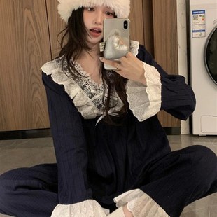 Y家居服套装 宫廷风甜美蕾丝花边全棉睡衣女款 长裤 春秋季 V领长袖