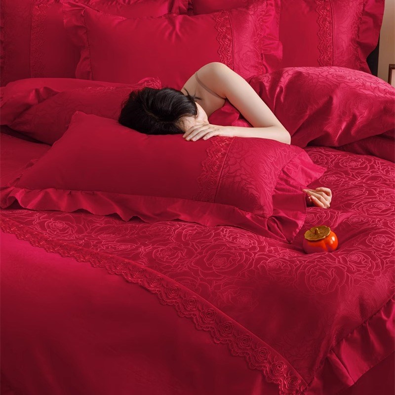法式浪漫A类100支结婚床单四件套大红色提花被套纯棉婚庆床上用品