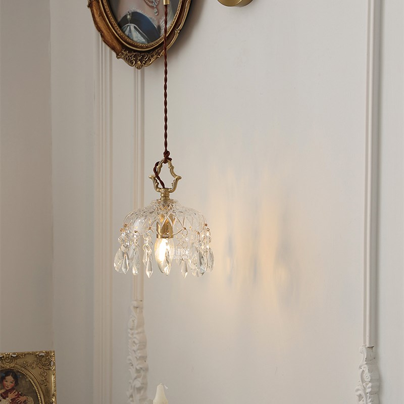 法式黄铜复古水晶玻璃小壁灯中古过道阳台床头玄关吧台衣帽间吊灯