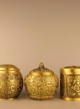 黄铜百福缸带盖黄铜米缸聚宝盆茶叶罐铜水缸存钱罐精致客厅装饰品