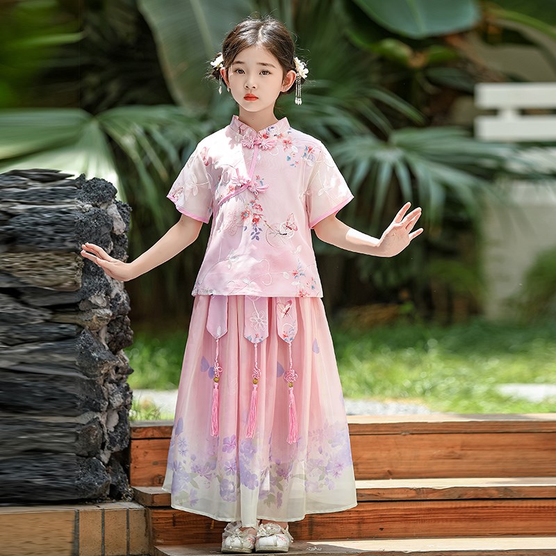 女童汉服夏季薄款新中式旗袍国风套装儿童古装女孩超仙连衣裙日常
