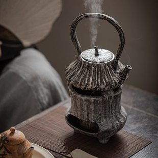 复古侘寂风务灰莲蓬提梁煮茶壶手工家用耐高温粗陶暖茶煮茶器 日式