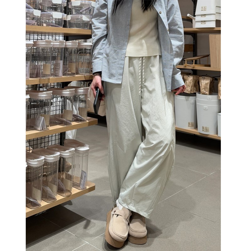 杏色阔腿休闲裤女夏季薄款胖mm梨形身材宽松显瘦日系九分气球裤子