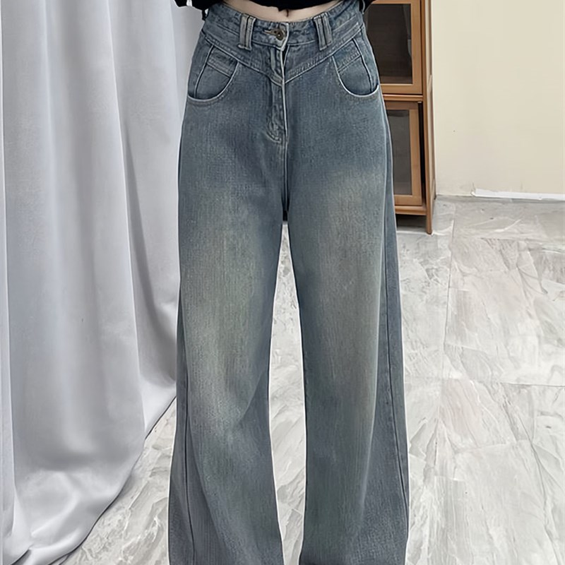 复古蓝美式直筒牛仔裤大码女装裤子梨形身材设计感显瘦高腰阔腿裤