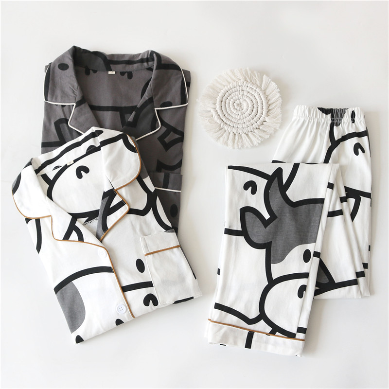 日系卡通睡衣女士情侣款春秋季长袖薄款针织纯棉男大码家居服套装