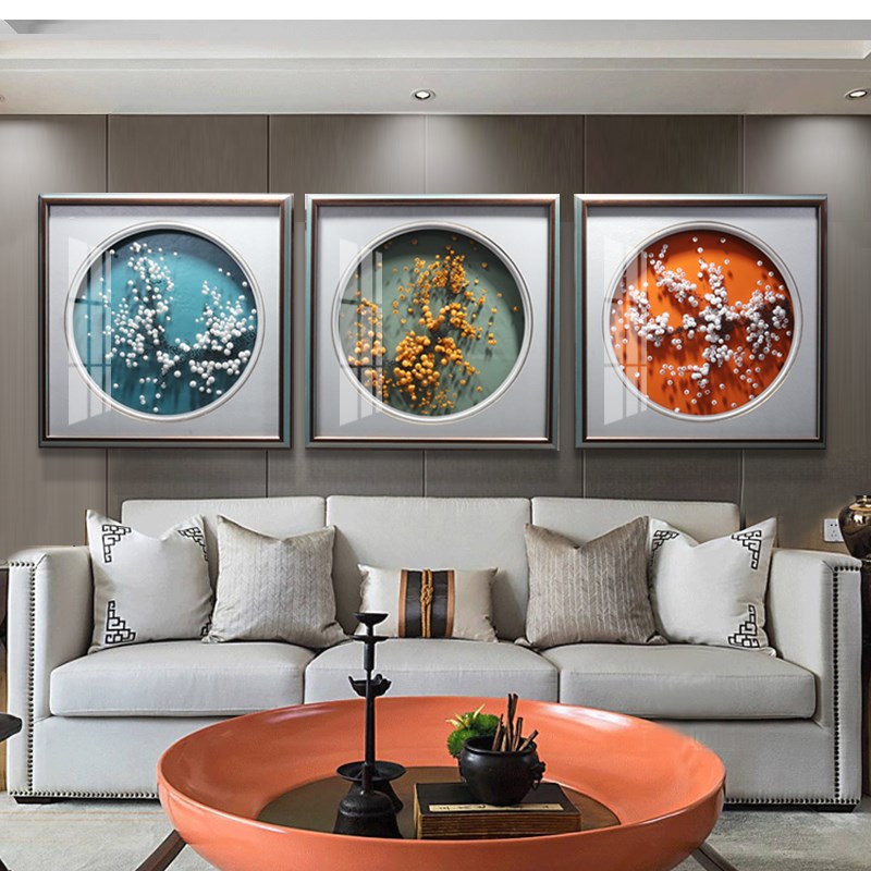 新中式手工实物画现代轻奢画3立体浮雕客厅装饰画三联沙发背景墙