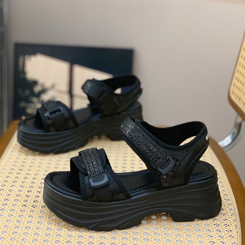 轻便松糕厚底凉鞋女2025夏季新款百搭舒适魔术贴一脚蹬凉钻沙滩鞋