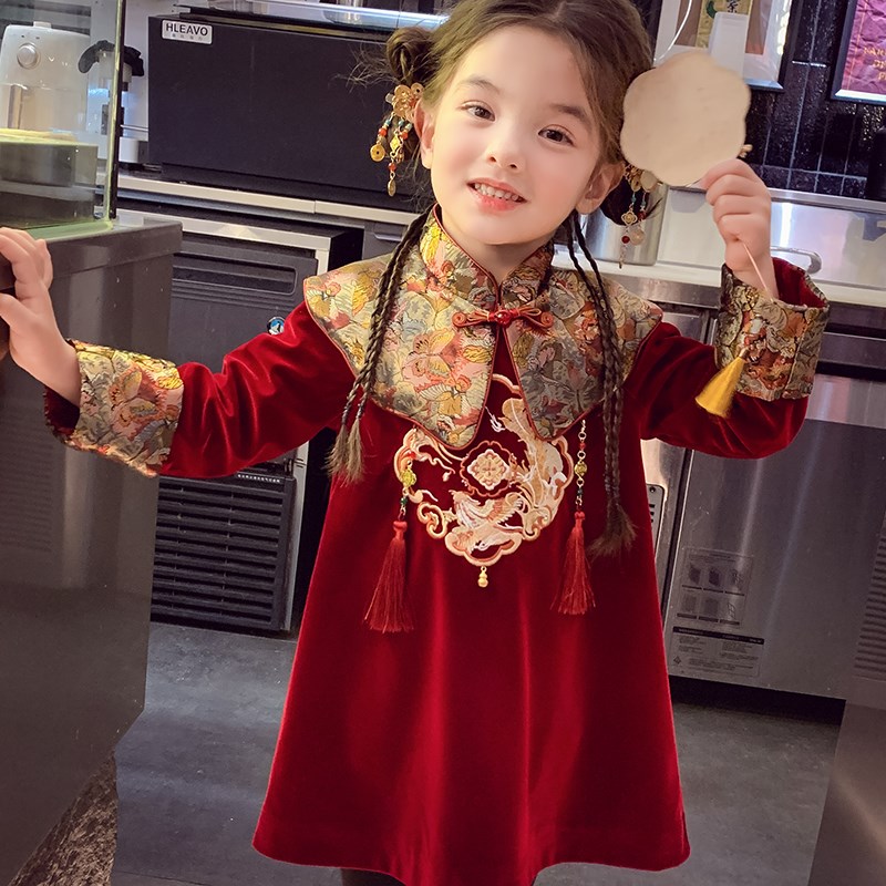 女童汉服连衣裙加绒女孩红色丝绒裙冬装2024新款儿童中国风拜年服