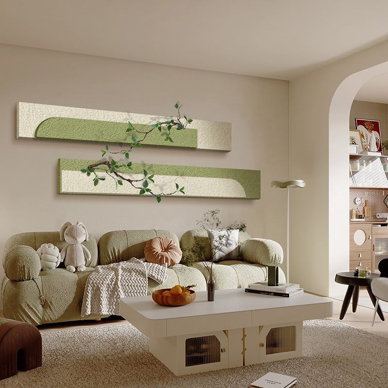 立体2023新款绿植奶油风横幅横版窄长条客厅装饰画沙发背景墙挂画
