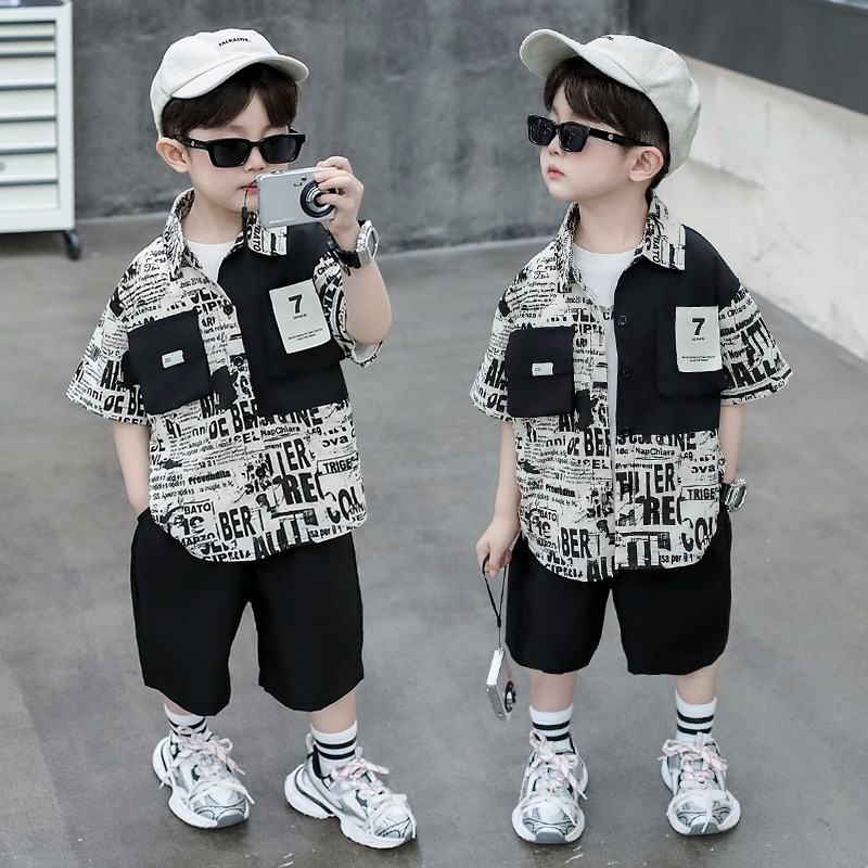 男童夏装套装帅气中小童儿童短袖衬衫两件套男宝宝潮酷休闲风夏装