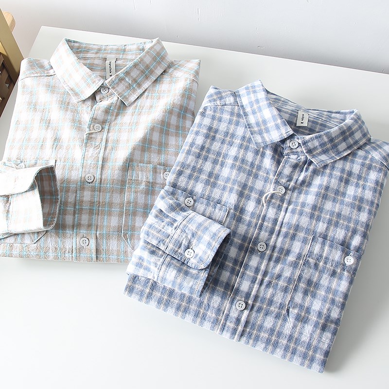 经典日系格纹!淡淡复古气息!外贸男装春夏季时尚休闲长袖衬衫潮