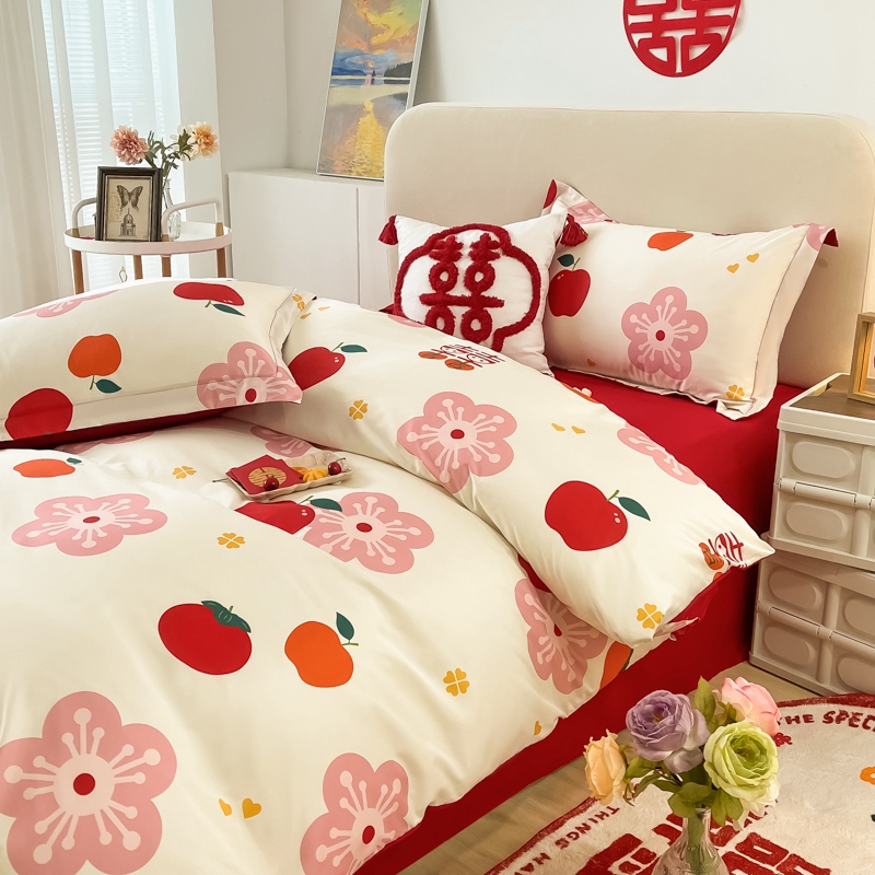 高档中式婚庆四件套大红色u纯棉床单被套全棉结婚床上用品婚房喜