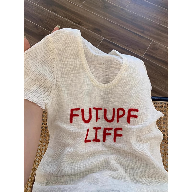 白色u领正肩f短袖t恤女夏季薄款冰丝小个子短款修身辣妹针织衫上
