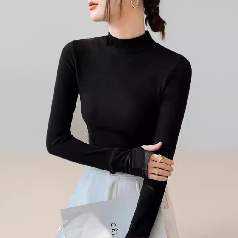 半高领棉质打底衫女春秋r冬内搭手指洞上衣显瘦内贴身打底衣护指