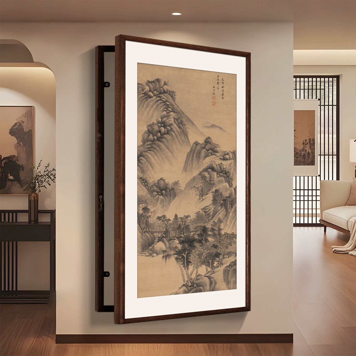 实木框新中式山水画电表箱装饰画玄关大尺寸高级感弱电箱遮挡挂画