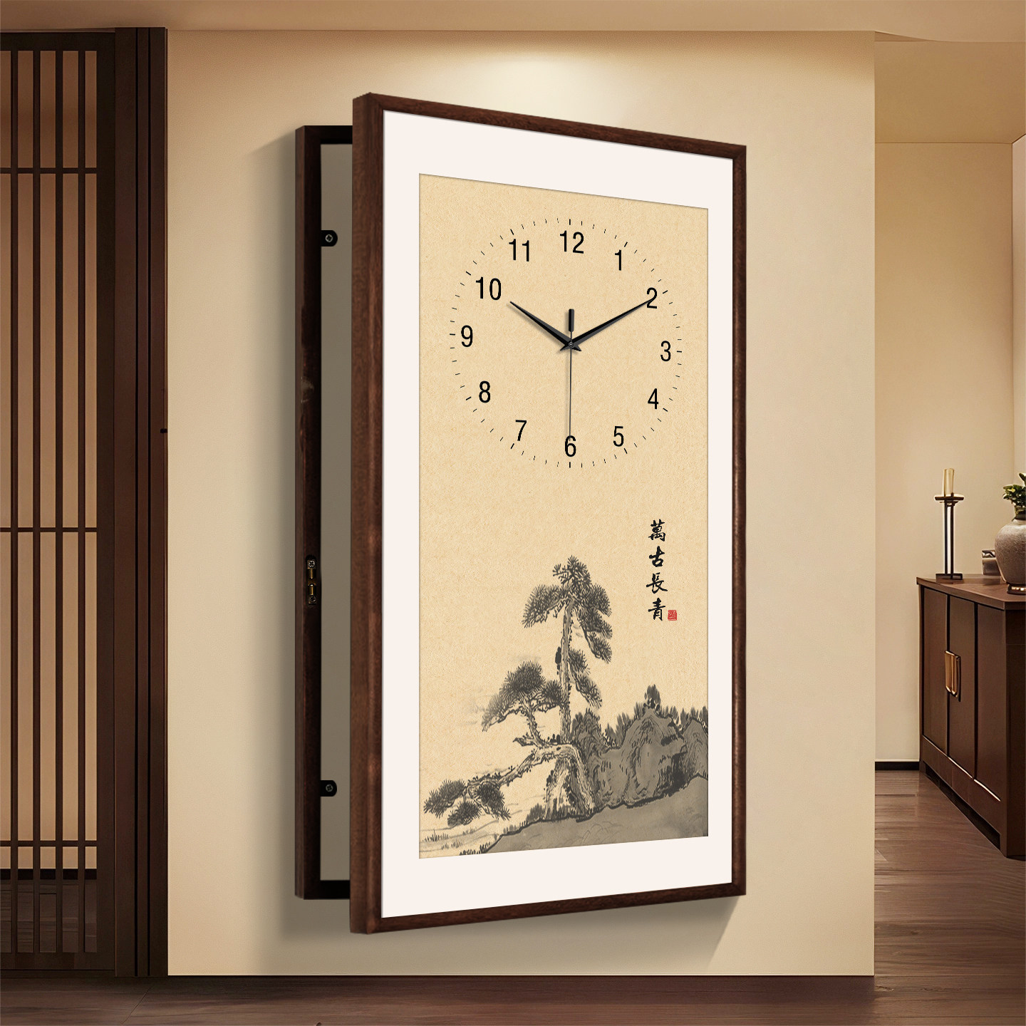 万古长青电表箱装饰画实木外框带时钟挂墙壁玄关网络线盒遮挡挂画