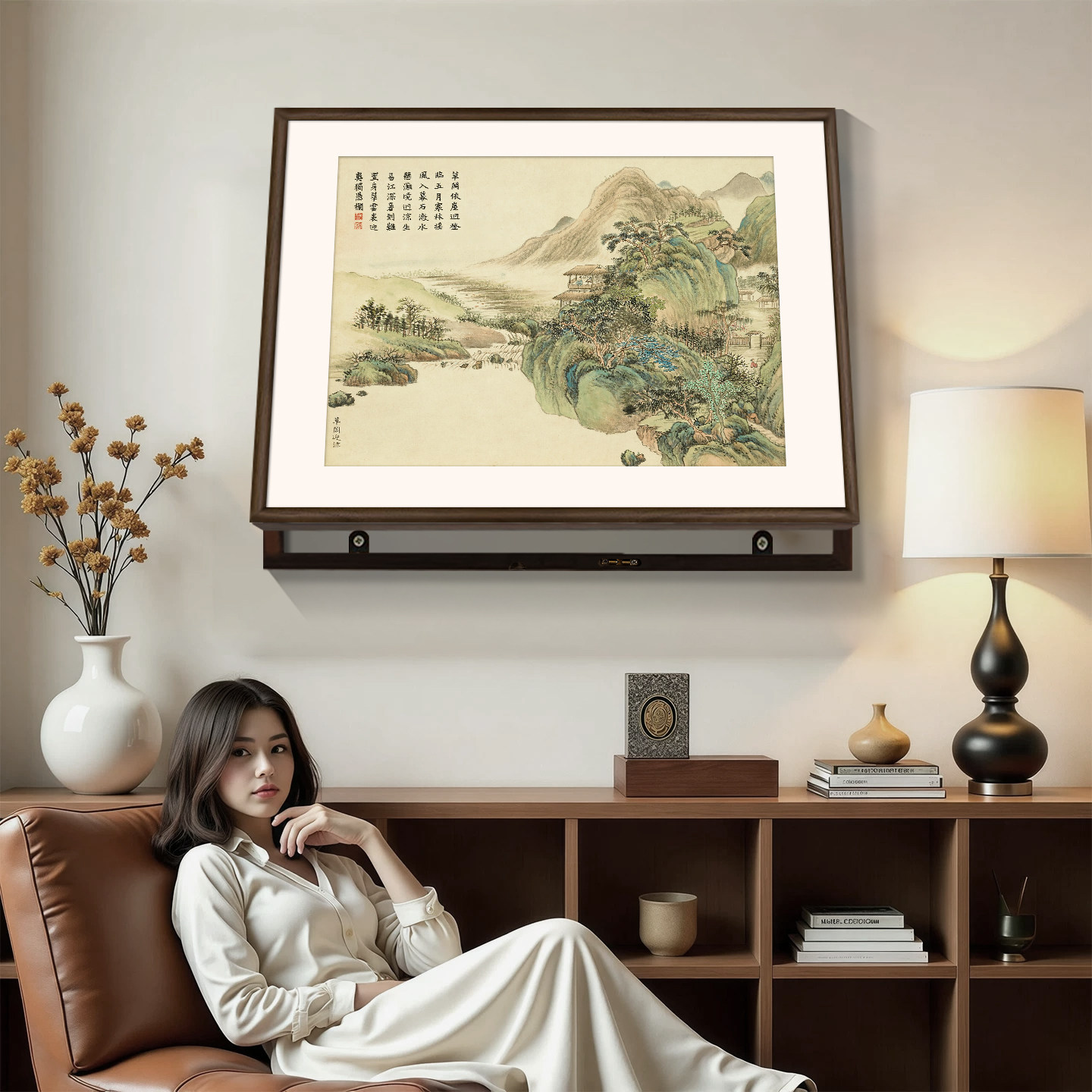 中式山水画实木外框电表箱装饰画餐厅横款高级感配电箱面板遮挡画
