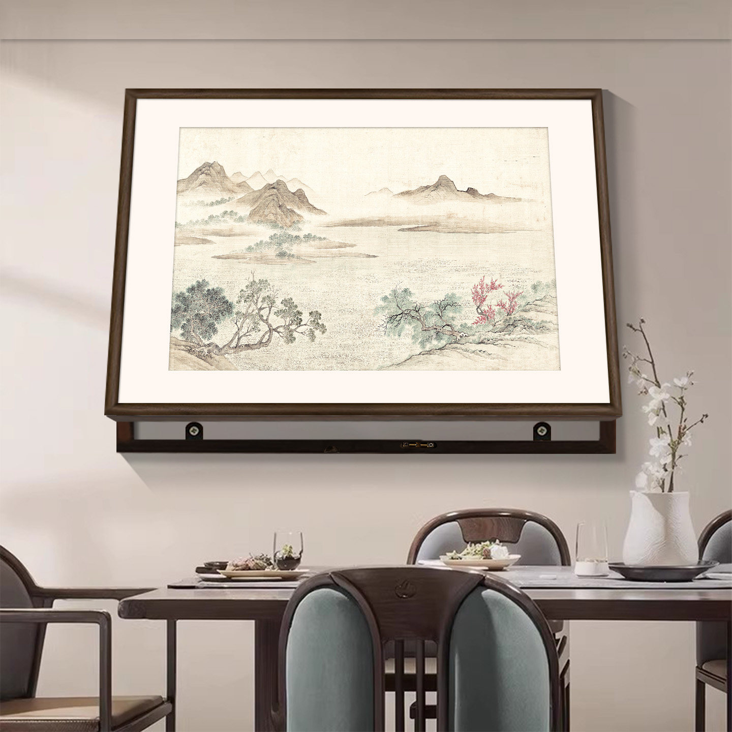 新中式湖山春暖图实木电表箱装饰画山水意境风景画配电箱遮挡挂画