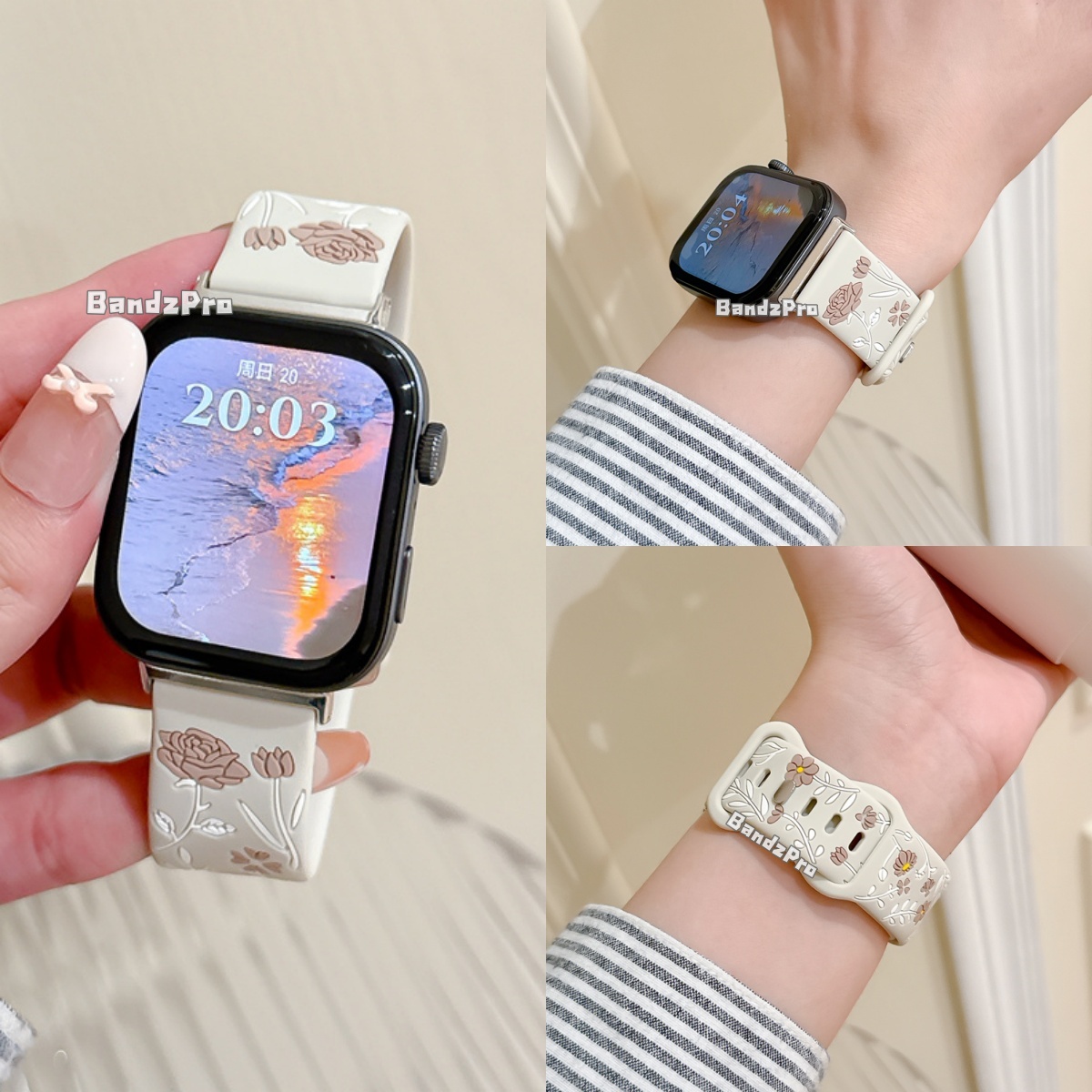 适用华为fit3玫瑰花雕刻硅胶表带