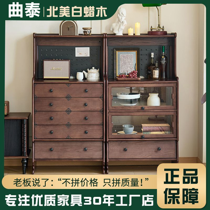 曲泰法式复古实木餐边柜客厅多功能咖啡储物收纳柜中古风茶水柜