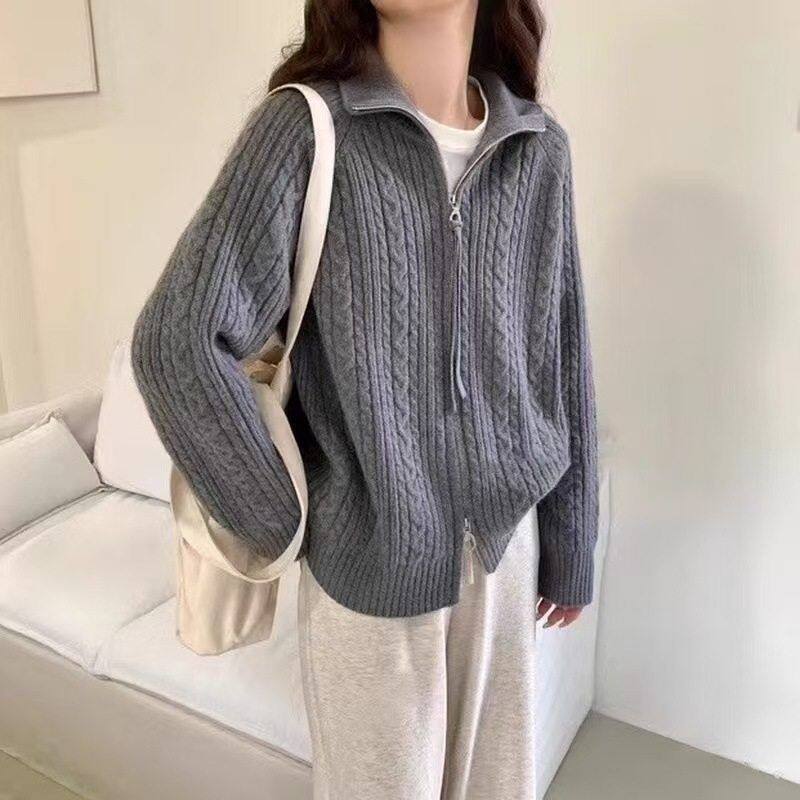 25翻领麻花拉纯链羊毛开衫女装秋冬新款宽松外搭软糯纯色外套上衣
