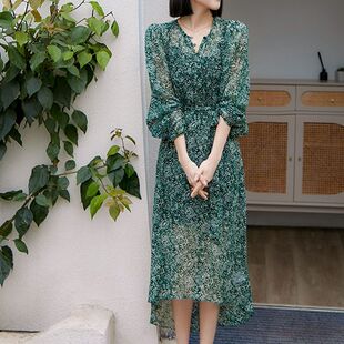 桑蚕丝乔其纱泡泡袖连衣裙高级感真丝裙子夏天温柔碎花裙女装夏季