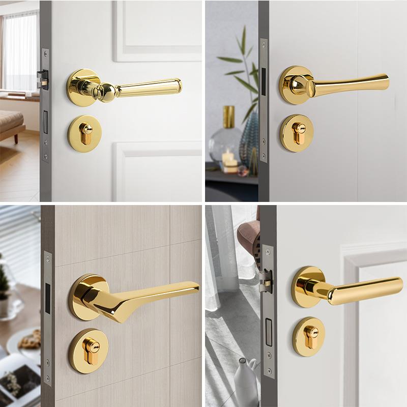 现代简约PVD亮金色静音室内门锁 美式卧室磁吸房门锁卫生间分体锁
