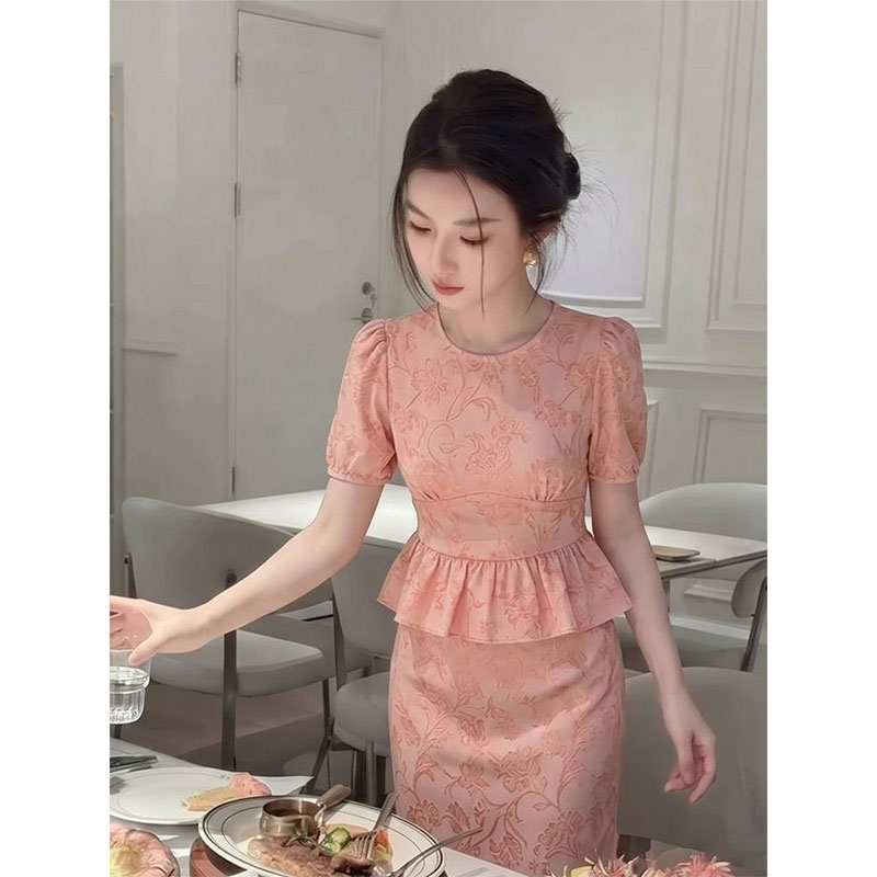 时尚晚宴风假两件套装女夏季收腰荷叶边K气质显瘦蕾丝裙蕾丝花边