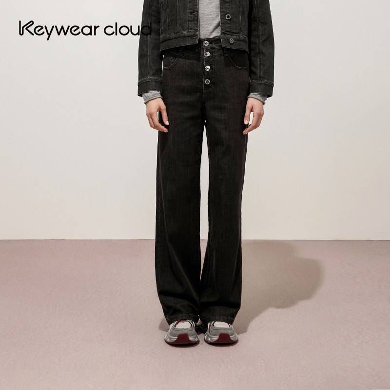 Keywearcloud奇威秋季新款高腰单排扣直筒裤休闲通勤直筒裤牛仔裤,女装/女士精品,牛仔裤,淘宝优惠券,粉丝福利购,淘宝优惠卷