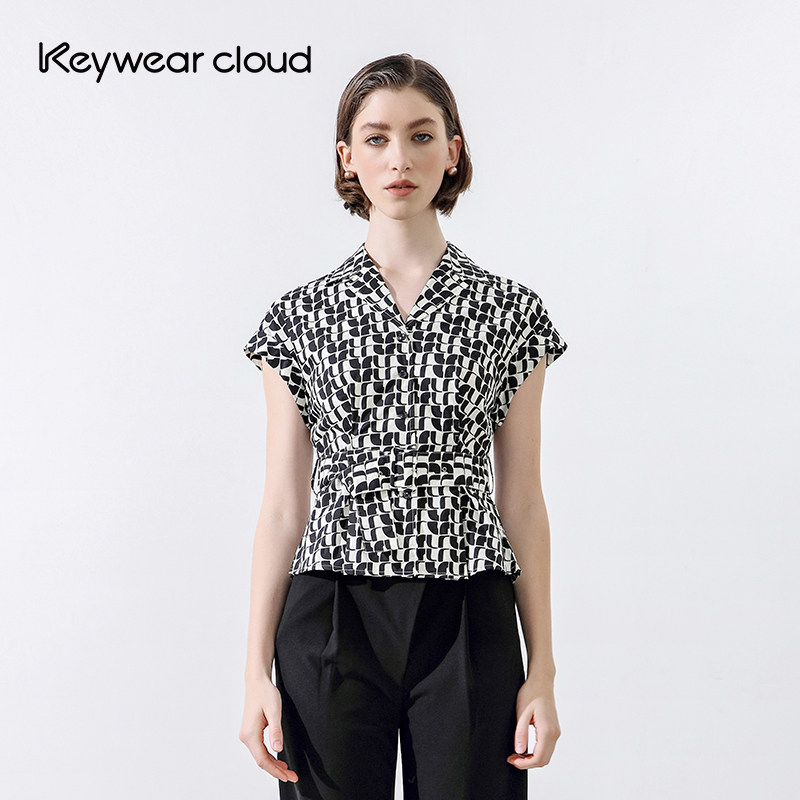 Keywearcloud奇威夏季翻领立体几何艺术感衬衫无袖收腰衬衣上衣