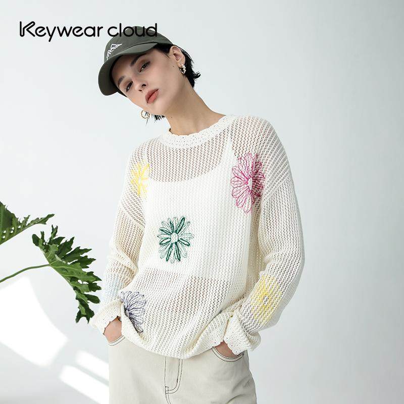 Keywearcloud奇威夏季镂空透气夏季长袖上衣缤纷花卉时尚针织衫