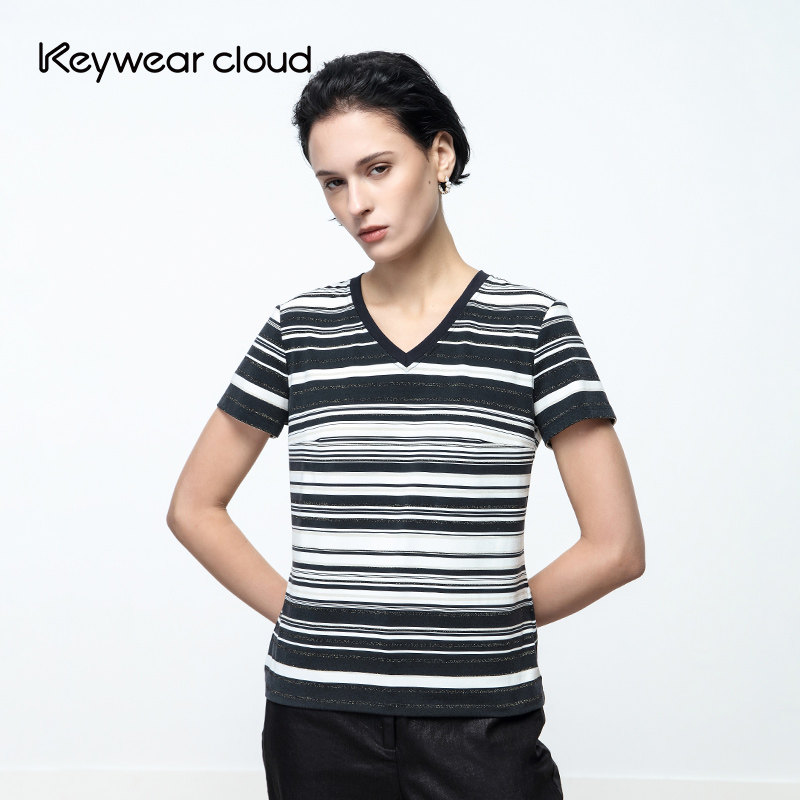 Keywearcloud奇威秋季时尚条纹个性魅力小V领T恤短袖秋季女装上衣